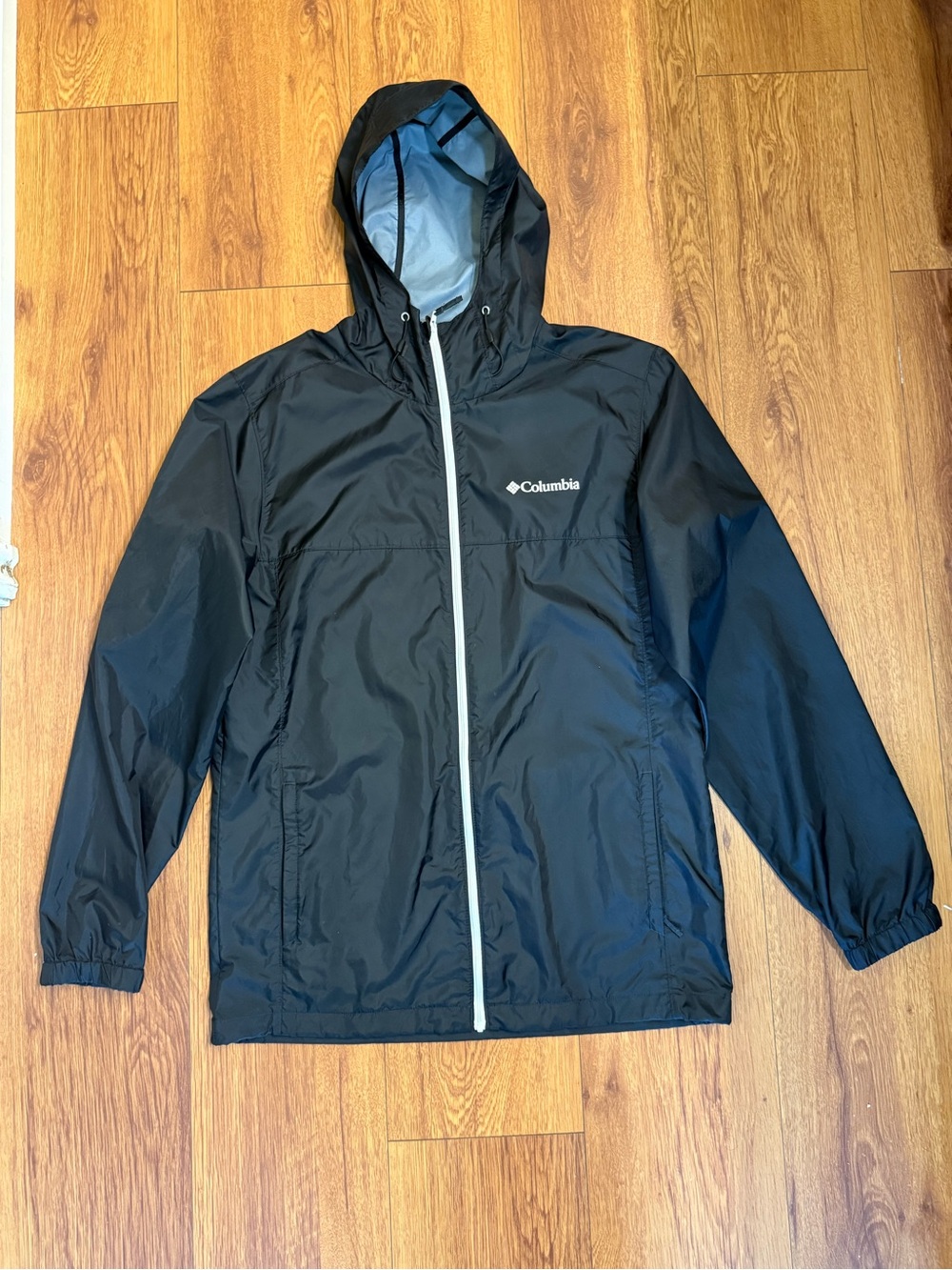Columbia Black Hooded Rain Jacket with White Zipper